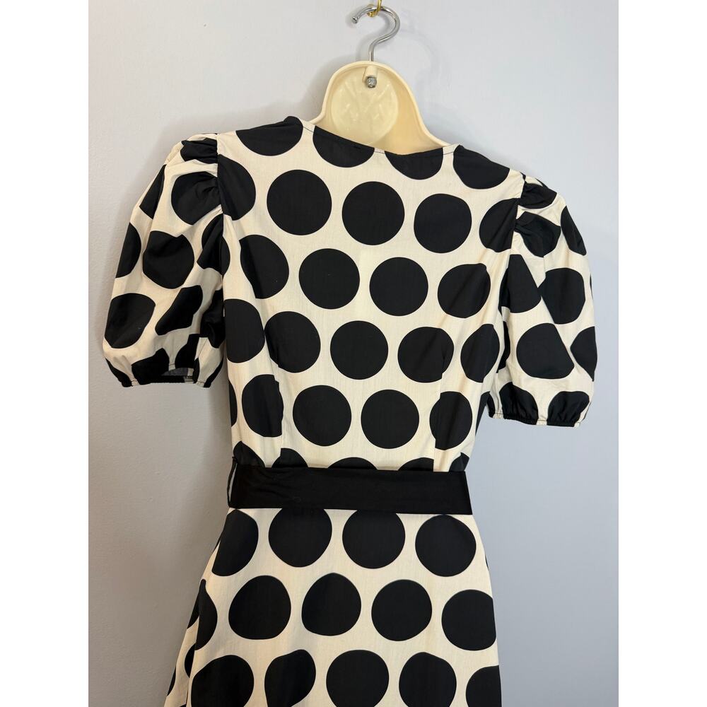 LUNA ALLEGRA V Neck Puff Sleeve Polka Dot Midi Dress Black White Sz S - Picture 9 of 13